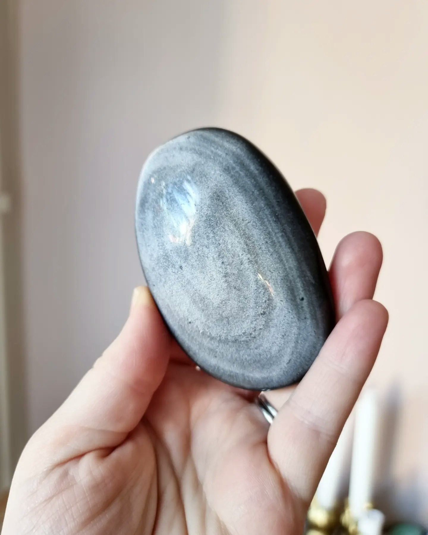 Silver Sheen obsidian, stor palmstone, nr 1