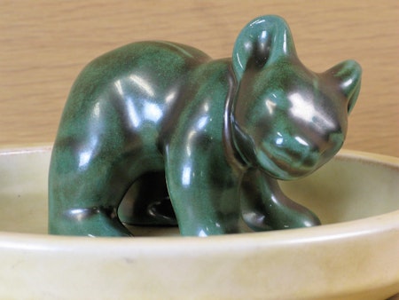 Green bear standing on dish