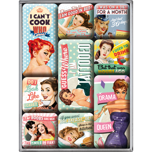 Rea! SET MAGNETER 9-pack kitsch FEMINIST I CANT COOK WHO CARES mm