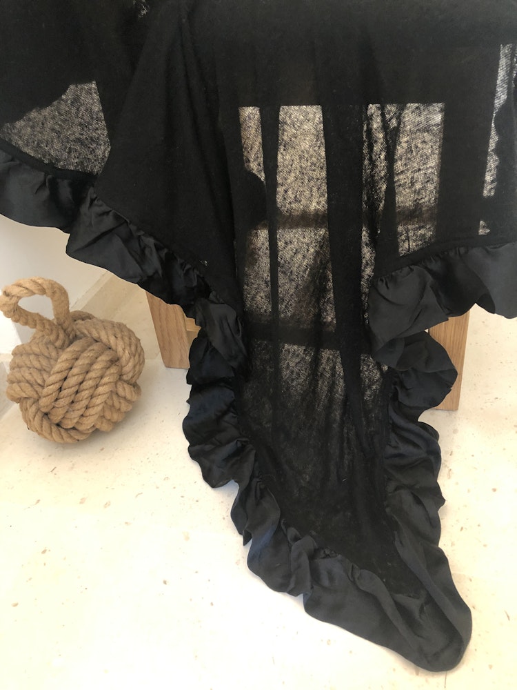 Silk frilled fine knitted cashmere shawl black