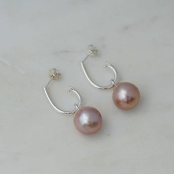 Big pink baroque freshwater pearl pendants on "Drop Hoops"