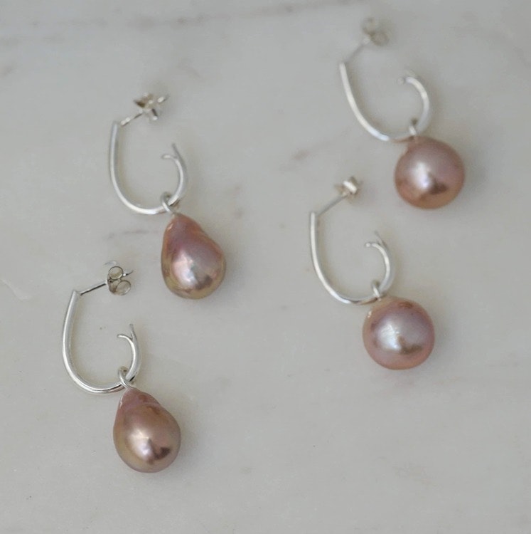 Big pink baroque freshwater pearl pendants on "Drop Hoops"