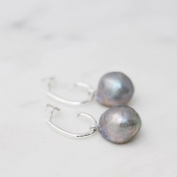 Big grey baroque freshwater pearl pendants on "Drop Hoops"