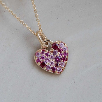 "Pavé sparkle Heart" pendant in 18K gold with rubies & pink sapphires