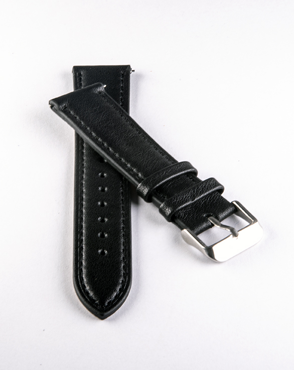 Watch band of black genuine leather with black seam 18mm 20mm 22mm