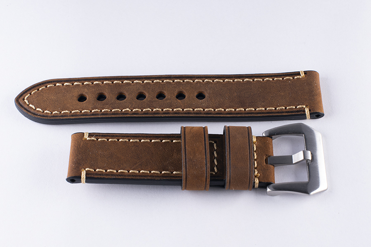 Brown genuine leather watch band with stitching 22mm 24mm