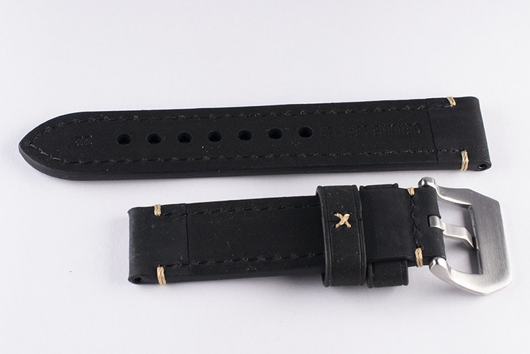 Black genuine leather watch band with stitching 22mm 24mm