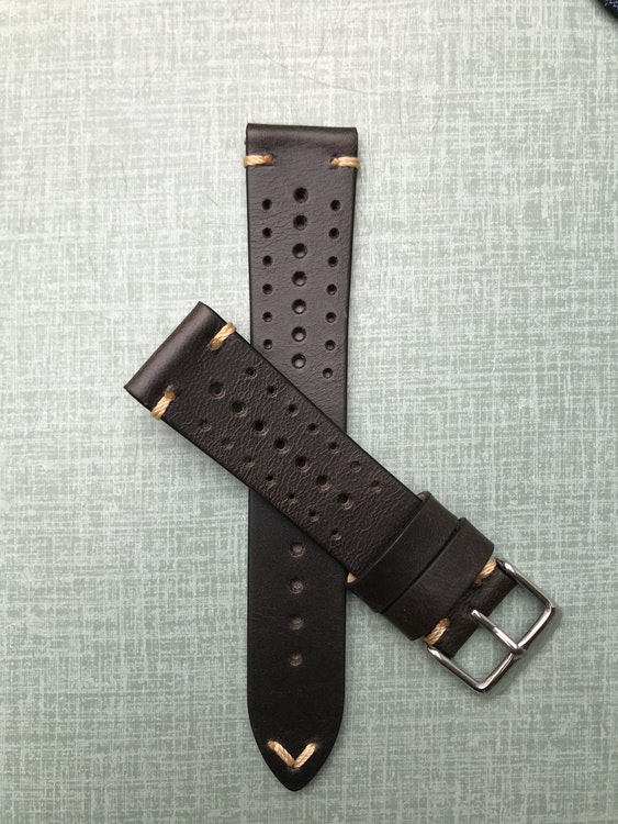 Black genuine leather racing strap  18mm 20mm 22mm