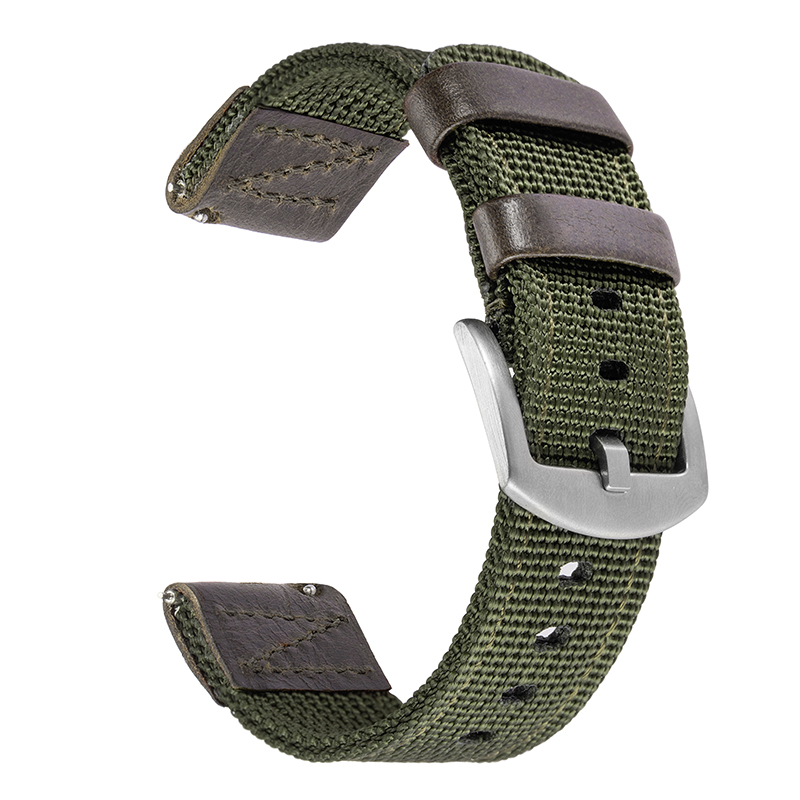 Green watch strap of nylon and leather