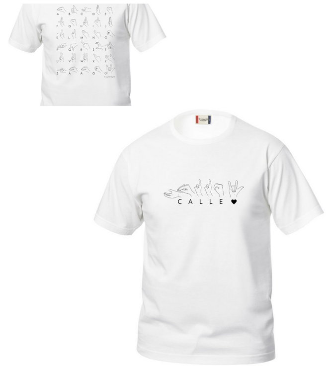 Beställ en unik och personlig T-shirt med namn/valfritt ord eller hela handalfabetet på teckenspråk.