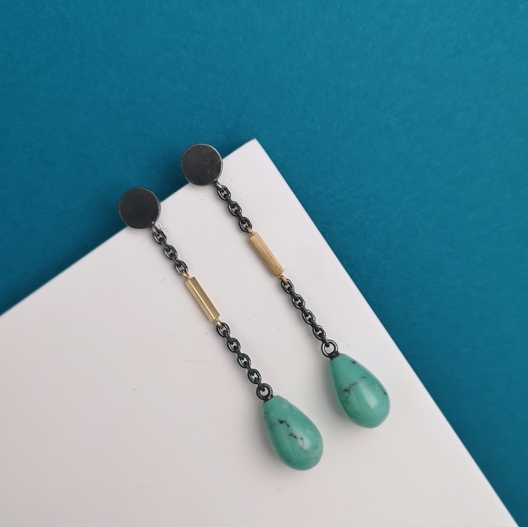 Handmade dangle earrings oxidized silver 18k gold turquoise handgjorda dinglande örhängen turkos