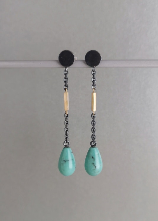 Handmade dangle earrings oxidized silver 18k gold turquoise handgjorda dinglande örhängen turkos