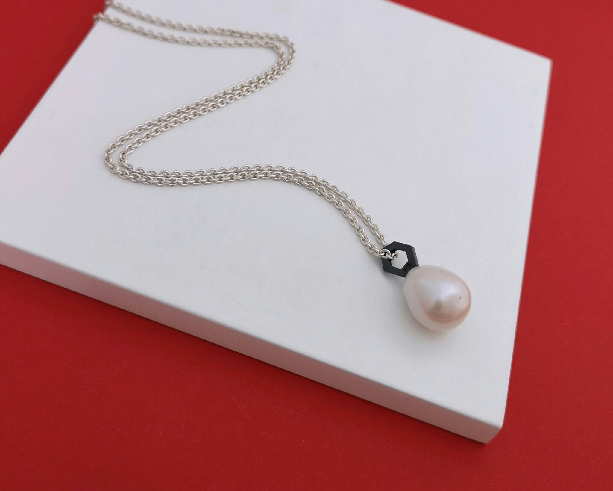 Geo Pendant in Oxidized Silver with Freshwater Pearl
