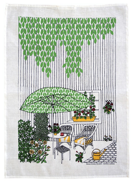 Handduk  Min berså, i halvlinne, grön, gul och röd, mått 50x70