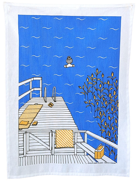 Handduken, Brygghäng, halvlinne, blå och orange, 50x70