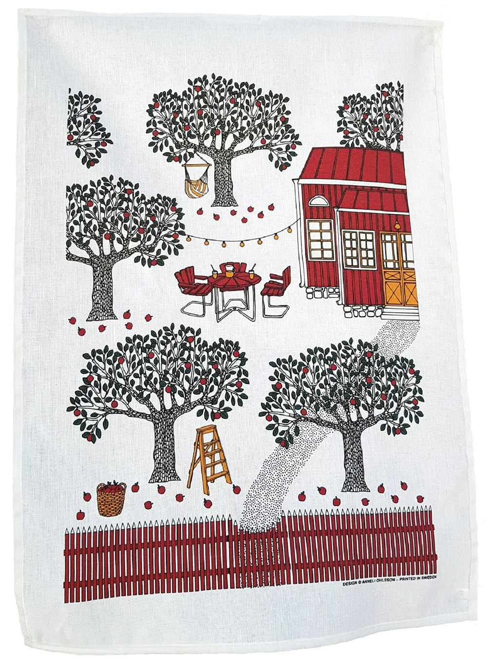 Handduken Äppelträdgården, i halvlinne, röd och grön, 50x70