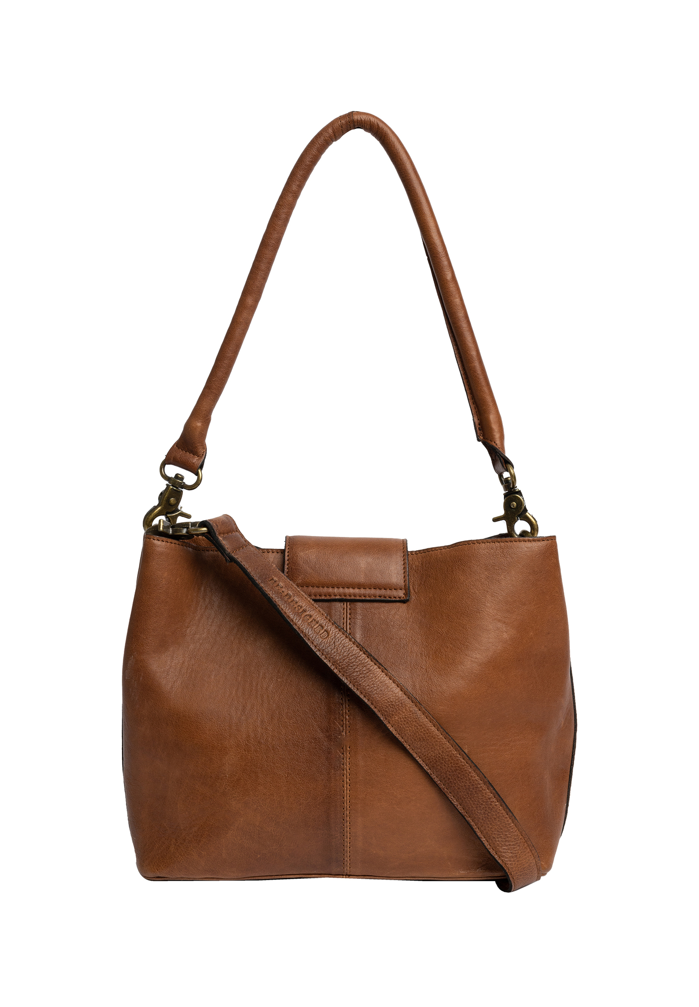 Brun valnötsfärgad handväska med längre handtag och axelrem