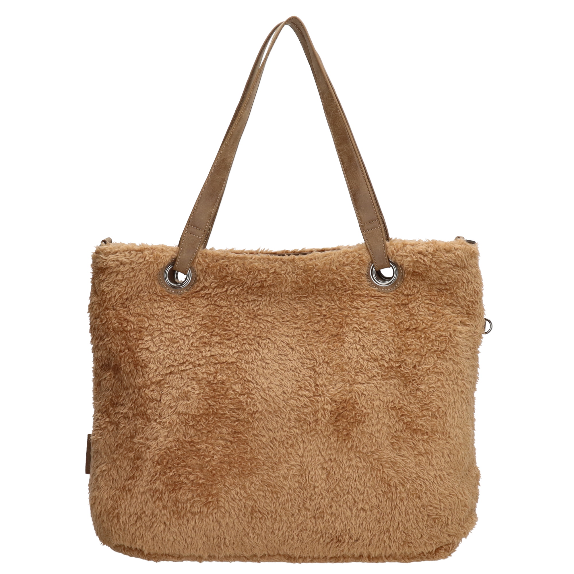 Stor handväska i teddymaterial med extra liten väska, brun väska