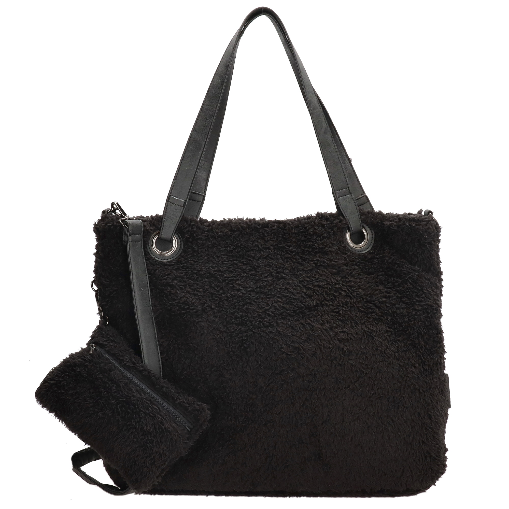Stor handväska i teddymaterial med extra liten väska, svart väska