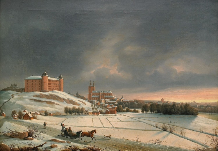 VY ÖVER UPPSALA SLOTT OCH DOMKYRKA av Carl Abraham Rothstén