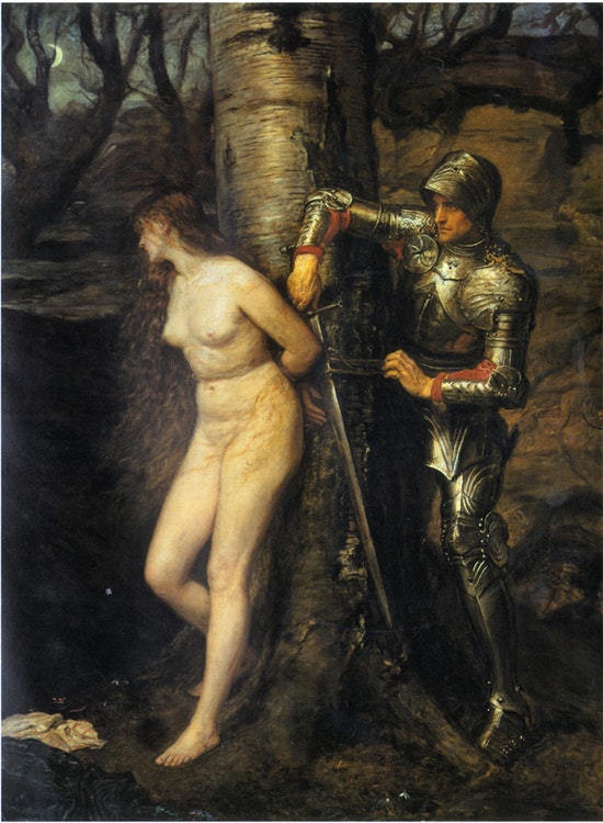 VANDRANDE RIDDARE RÄDDAR NAKEN JUNGFRU I NÖD av Sir JOHN EVERETT MILLAIS