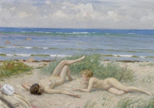 NAKNA FLICKOR PÅ STRANDEN I BÅSTAD av PAUL FISCHER