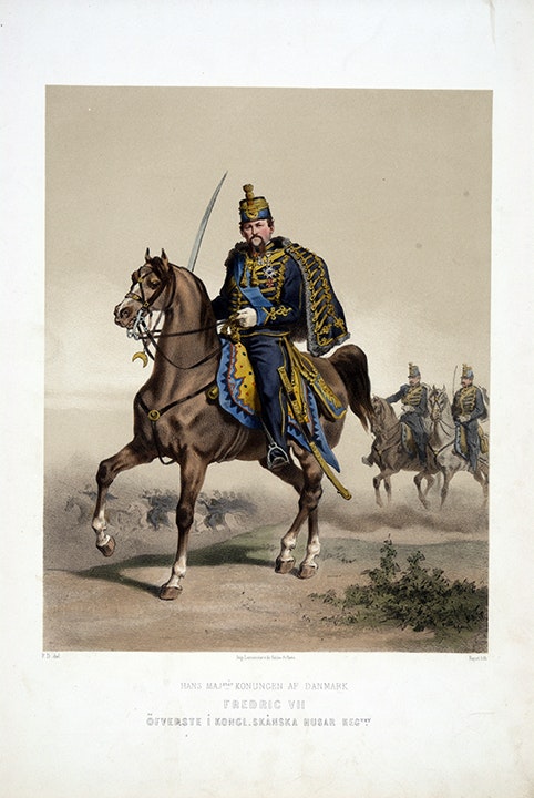 Skånska husarregementet. Fredrik VII av Danmark till häst. Efter Fritz von Dardel
