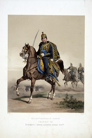 Skånska husarregementet. Fredrik VII av Danmark till häst. Efter Fritz von Dardel