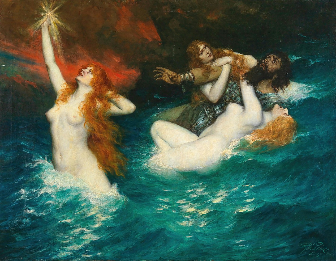 VATTENNYMFER FRÅN RHENGOLD I RING DES NIBELUNGEN 1913 av FERDINAND LEEKE efter RICHARD WAGNER