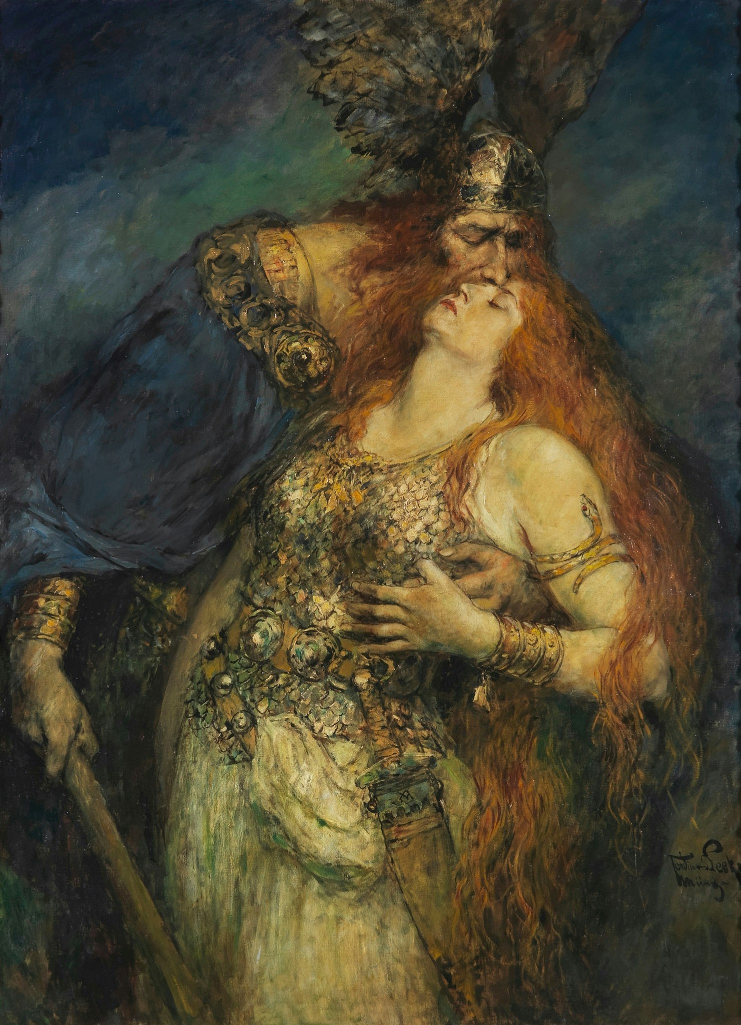 WOTANS AVSKED MED VALKYRIAN BRÜNHILDE 1910 av FERDINAND LEEKE efter RICHARD WAGNER