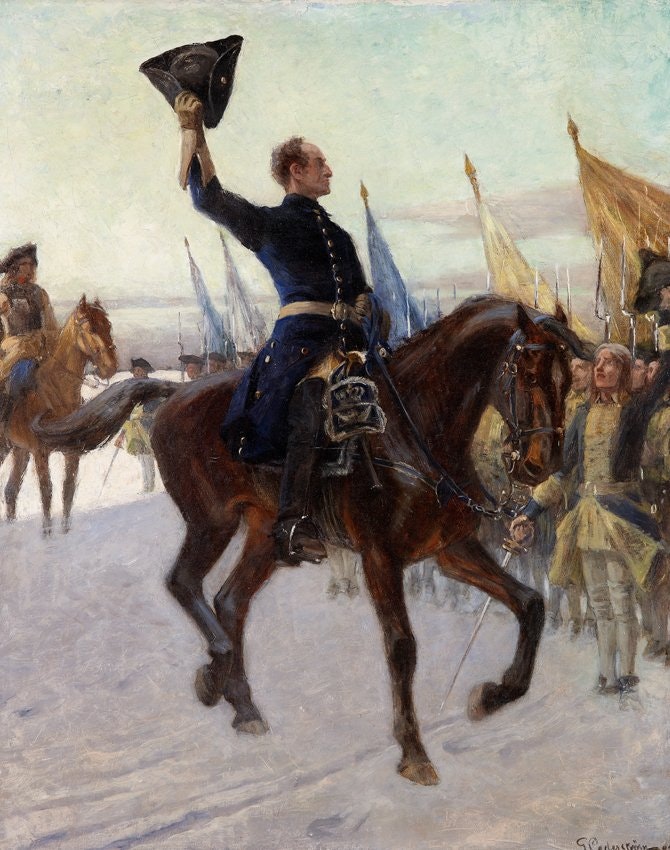 KARL XII HÄLSAR SINA KAROLINER av Gustaf Cederström