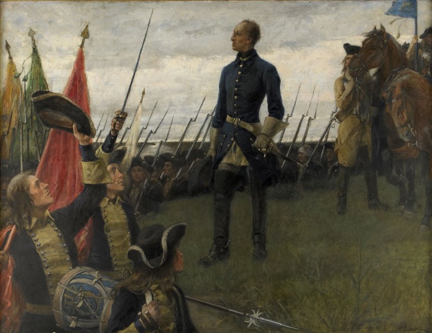 KARL XII HYLLAS AV SINA KAROLINER av Gustaf Cederström