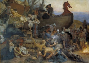 VIKING BEGRAVNING FRÅN NJÁLS SAGA av Henry Semiradsky
