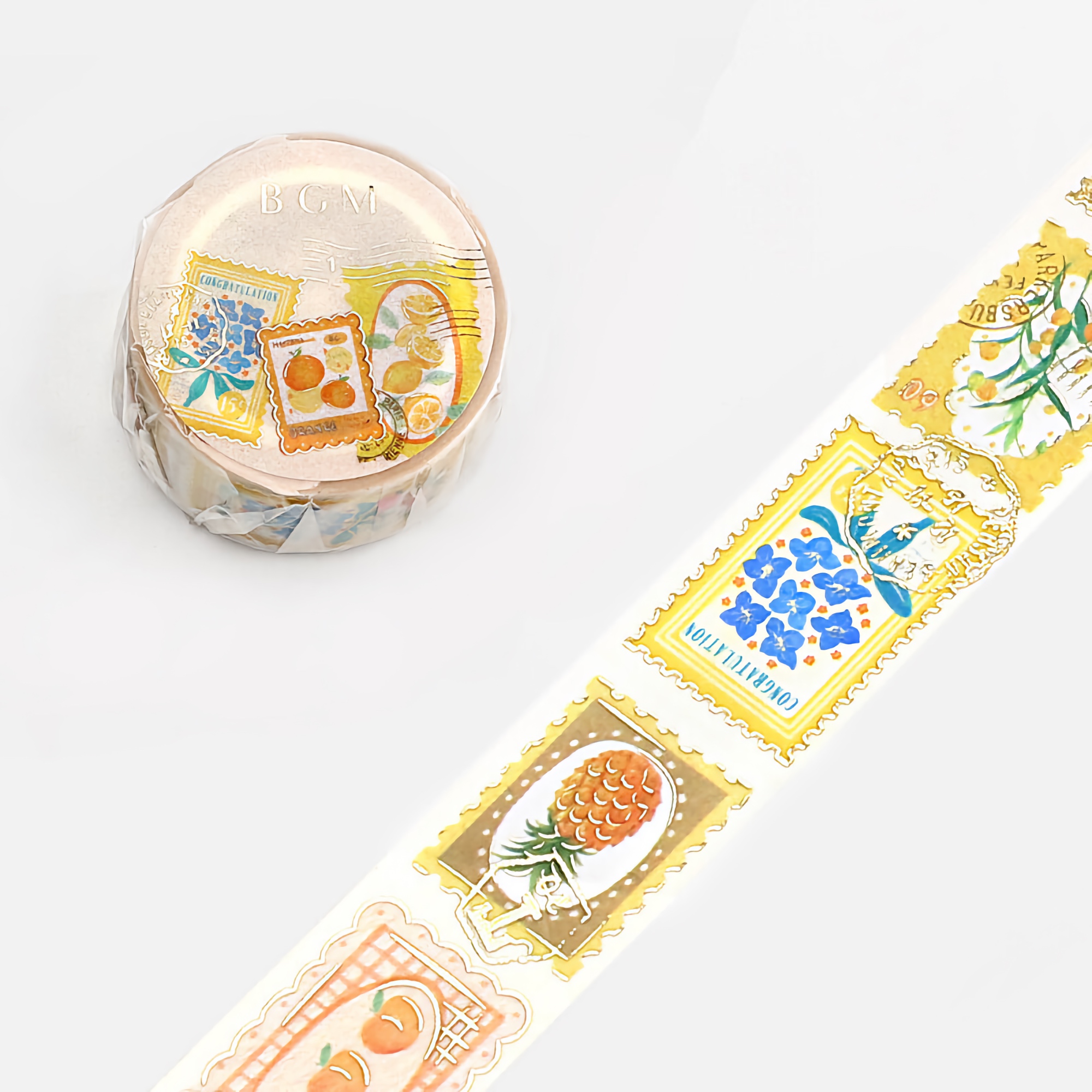 BGM Washi Tape Gold Foil Postage Stamp Yellow Plants 20 mm