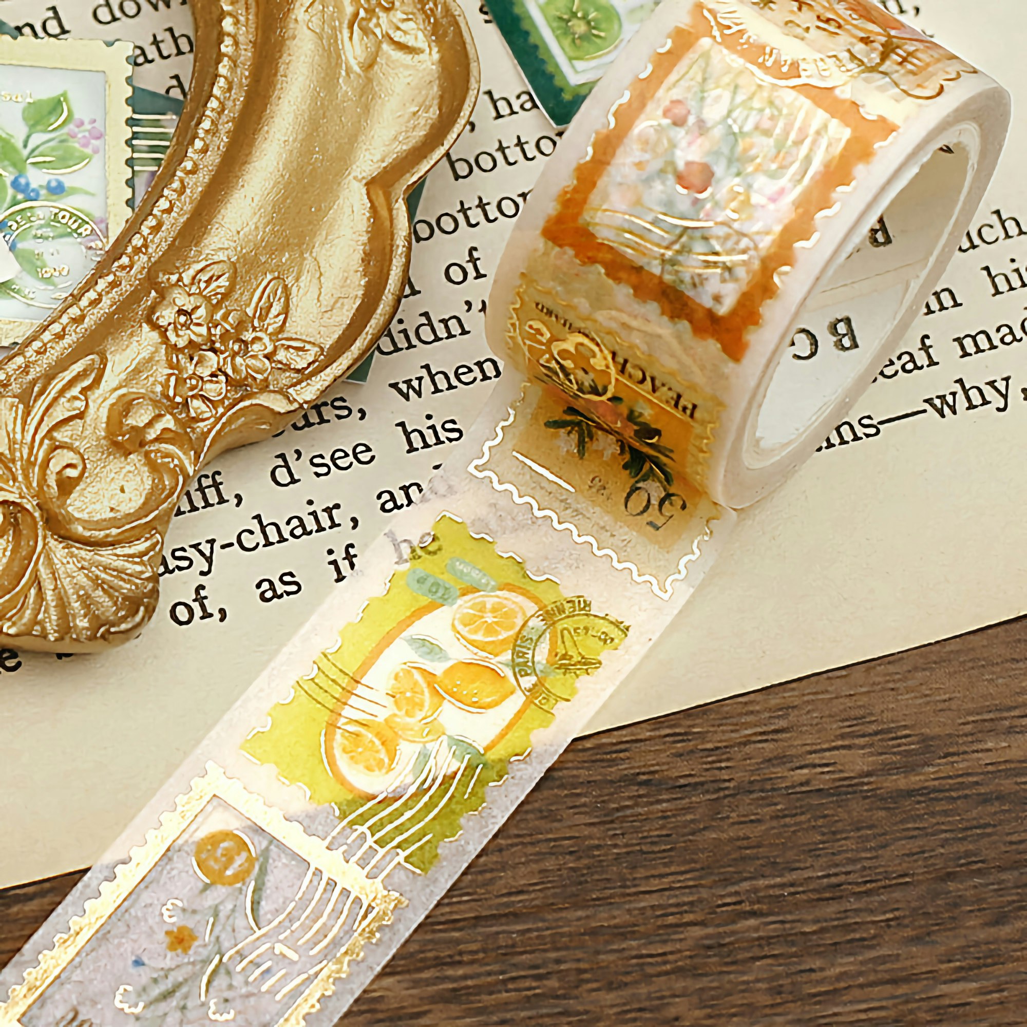 BGM Washi Tape Gold Foil Postage Stamp Yellow Plants 20 mm