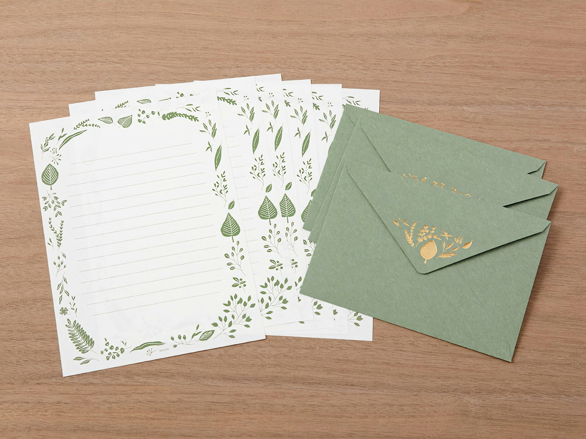 Midori Letter Set Foil-Stamped Envelopes Leaves