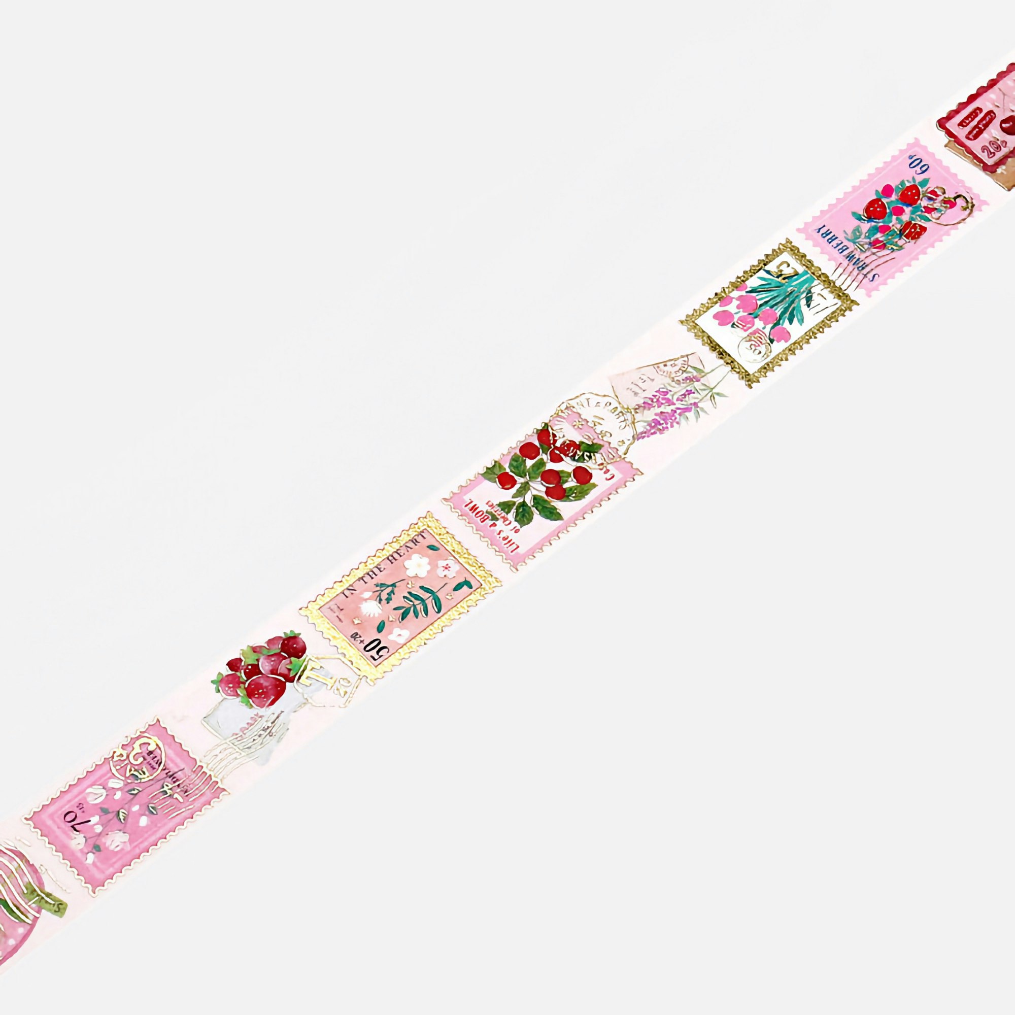 BGM Washi Tape Gold Foil Postage Stamp Pink Plants 20 mm