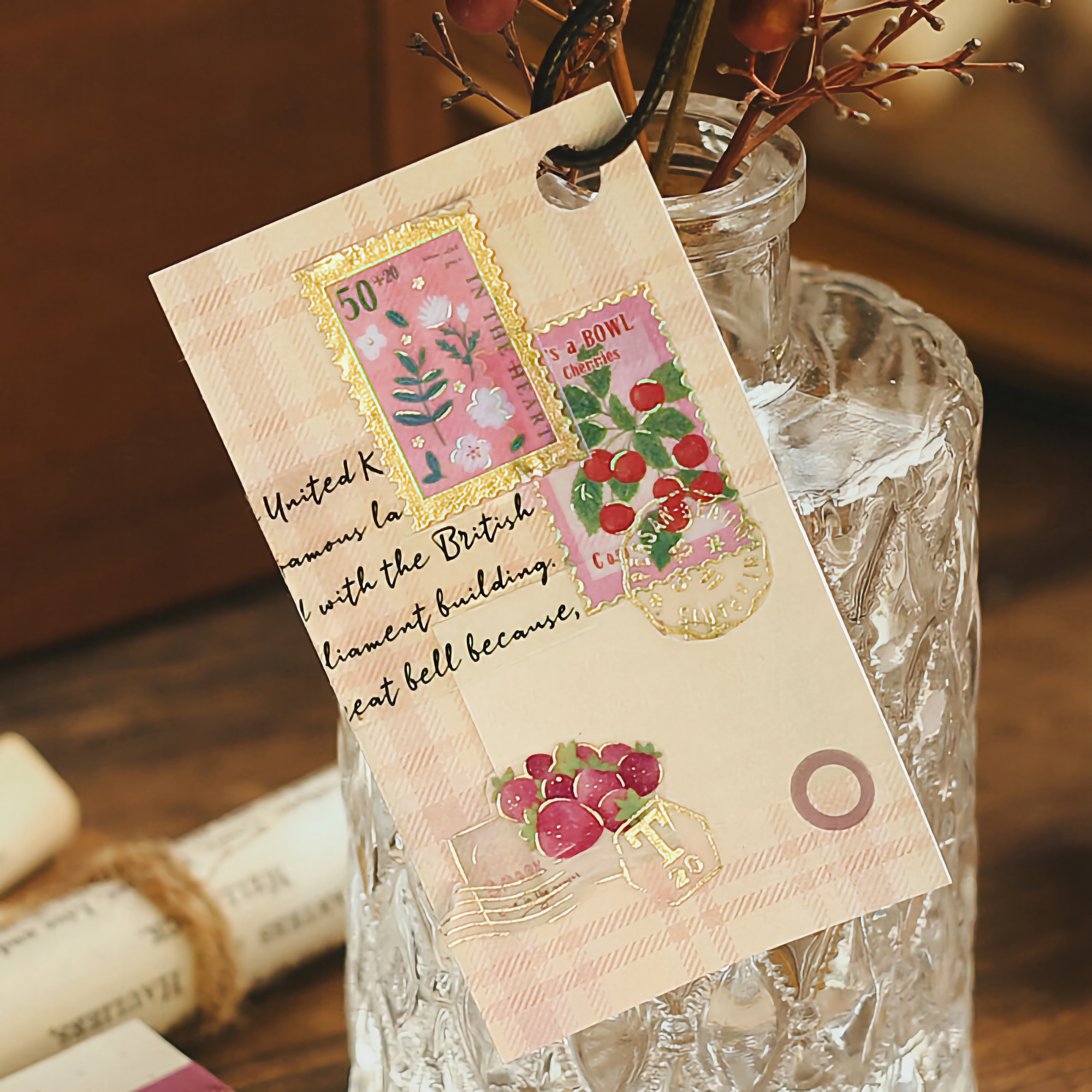 BGM Washi Tape Gold Foil Postage Stamp Pink Plants 20 mm