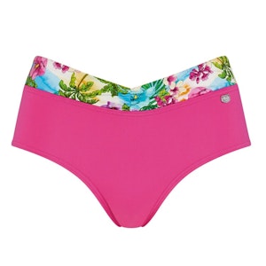 Bikinitrosa i hallonfärg med blommig board