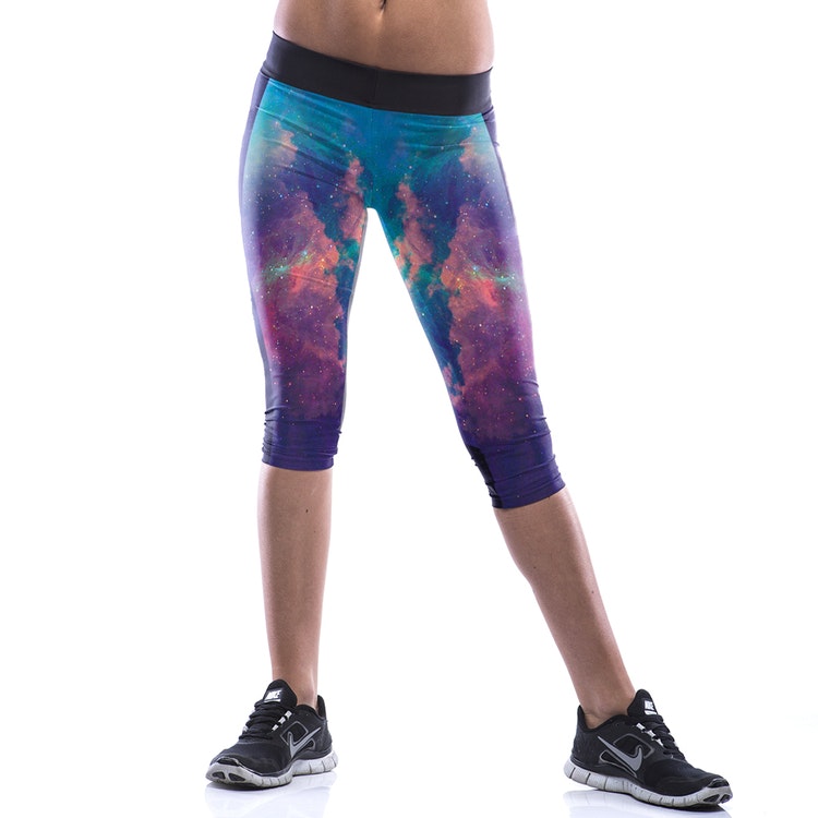 Galaxy Mönstrade med Svart Midja Capri Leggings Small