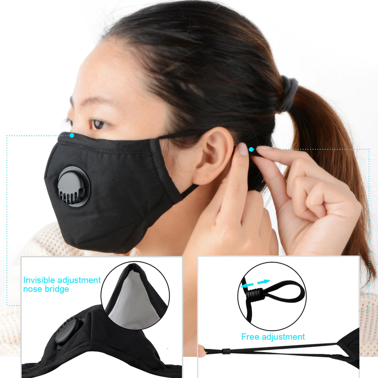 Tvättbart Ansiktsmask Munskydd med ventil Justerbara öronslingor och näsklämma 10-pack