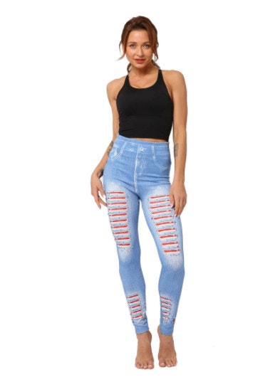 Denim tryck med pärlor Leggings