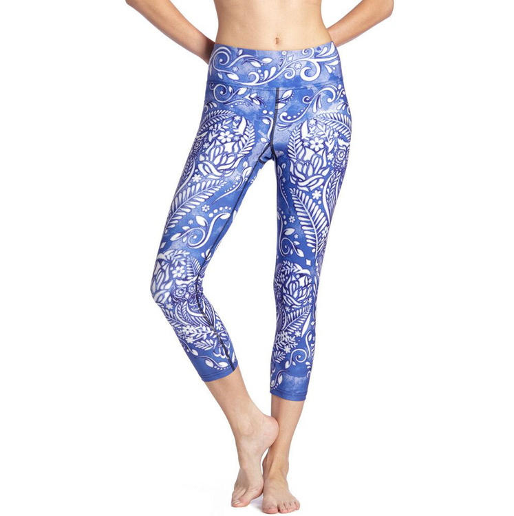 Blå Mandala Blomster Yoga Capri Leggings