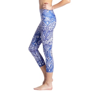Blå Mandala Blomster Yoga Capri Leggings