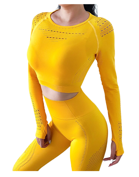 Gul Crop Top Träningstopp seamless med långa armar.