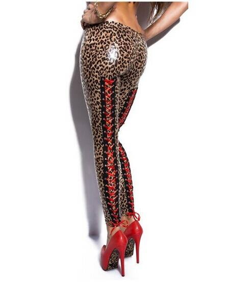 Sköna Leopard Faux Leather Look Leggings With Red Stripes