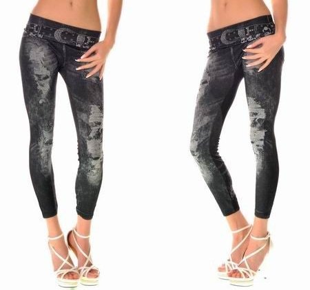 HOLE IMITATE BELT BLACK JEANS PRINT LEGGINGS