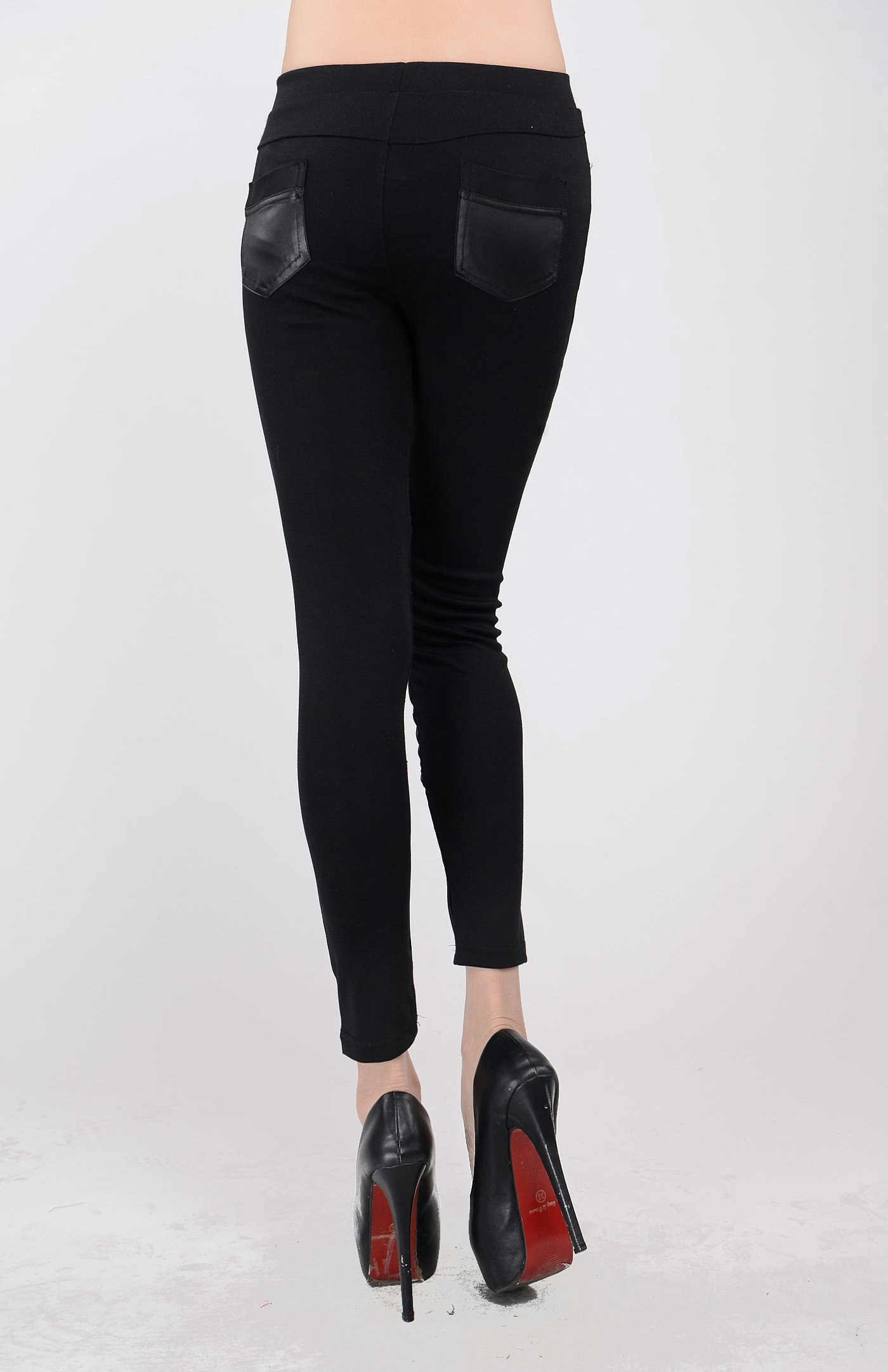 Black Faux Leggings With Rhinestone and Pockets