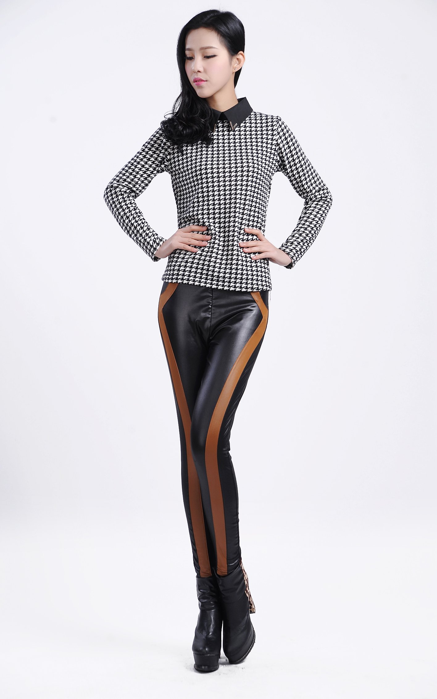 Black Faux Leather Look Leggings with Brown Stripe