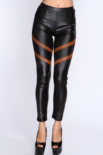 Black Faux Leggings with Brown stripes and pockets